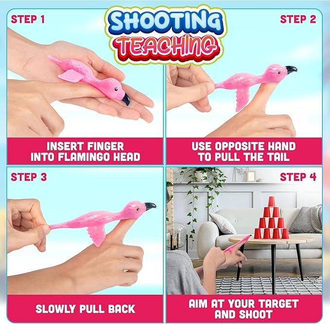 PICK A TOY 36 Pcs Flamingo Party Favors Toys for Kids, Bird Shooter Game Finger Flingers, Tropical Themed Decorations, Kids Prizes, Flying Rubber Chickens Slingshot, Easter Egg Filler