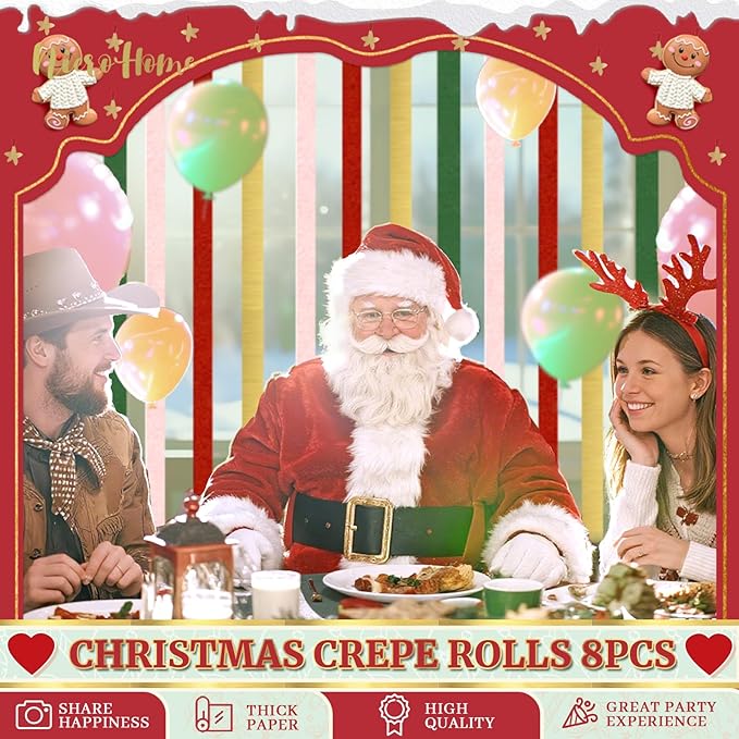NICROHOME EUR Christmas Decorations, 8 Rolls Christmas Green Red Gold Crepe Paper Streamers for Xmas Birthday Party Wedding Baby Shower Party Decorations, 1.8 Inch x 82 Ft/Roll