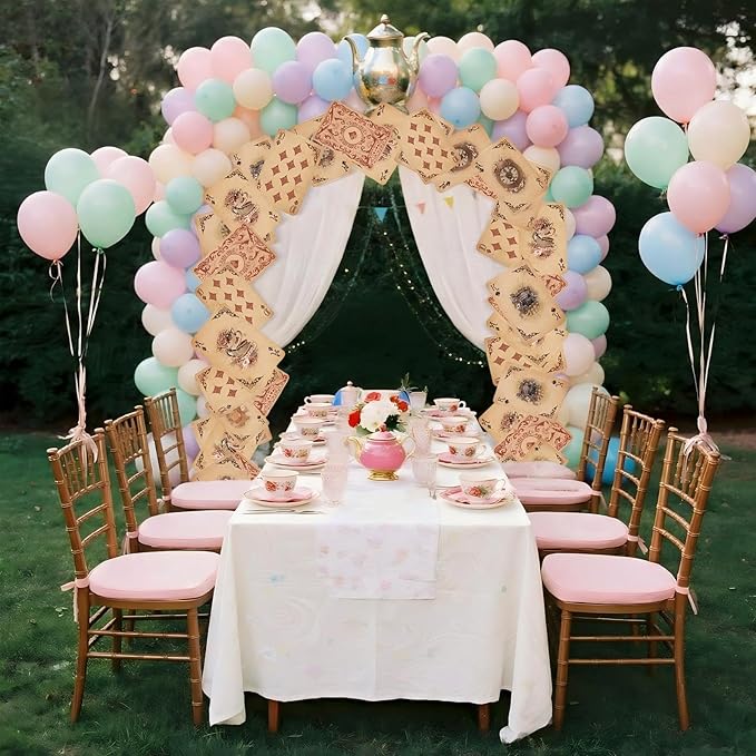Preboun Wonderland Tea Party Decoration 6.56 x 4.9 ft Vintage Poker Cards Door Banner Wonderland Garland Photo Props Background for Birthday Baby Shower Tea Party Supplies