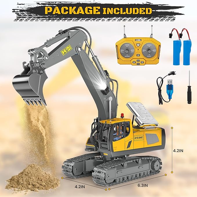 Remote Control Excavator Toy RC Play Excavator Construction Vehicles, 11CH 2.4Ghz RC Sand Digger with Metal Shovel & Light, Construction Truck Toys for Boys 3 4 5 6 7 8-12 Year Old Kids Birthday Gifts
