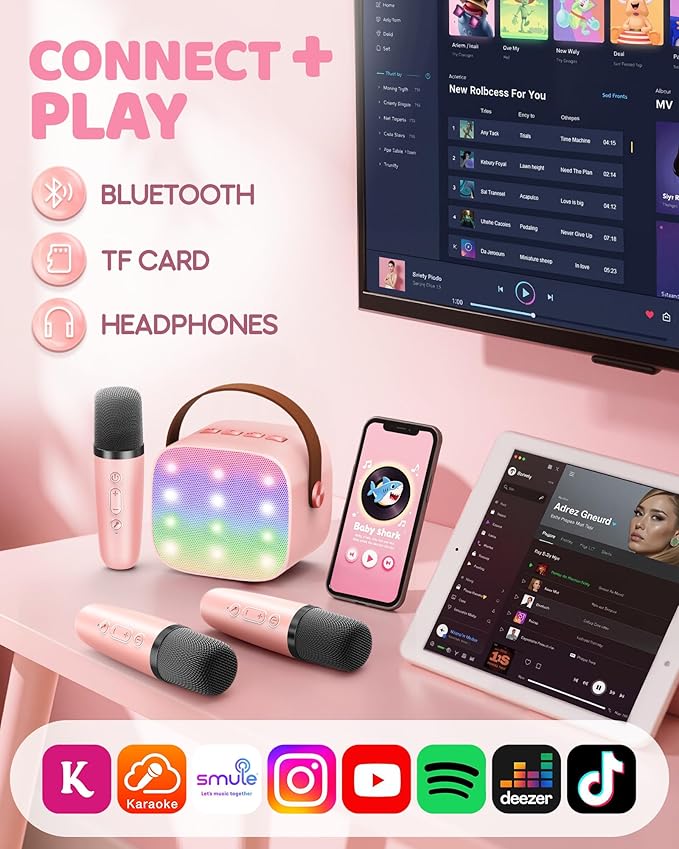 Upgraded Mini Karaoke Machine with 3 Wireless Microphones Toy for Kids, 2026 Top Birthday Gifts for Girls Boys, Portable MP3 Player for Ages 3, 4, 5, 6, 7, 8, 9, 10, 11, 12+ Year Old Party (P-Ink)