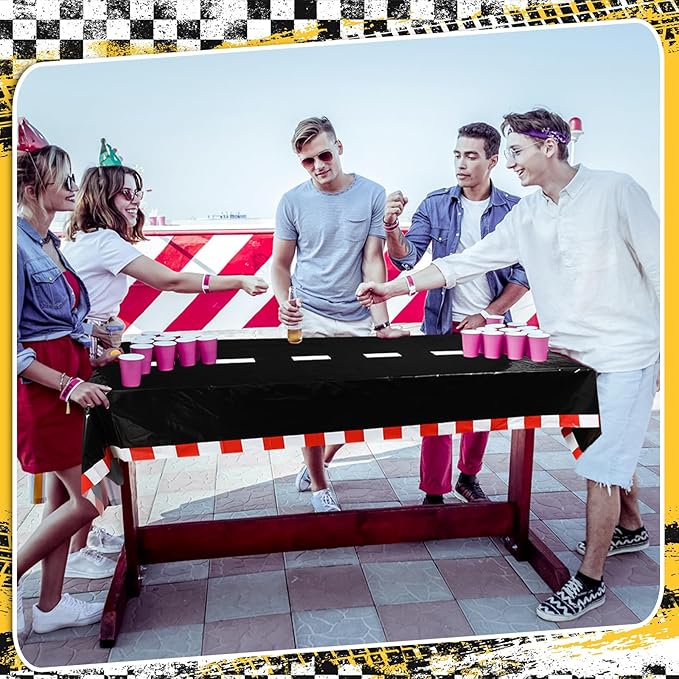 Breling 4 Packs Car Birthday Party Decorations Plastic Car Table Cloth Two Fast Disposable Race Road Checkered Party Supplies Race Theme Party Favors for Birthday, 54 x 108 Inch