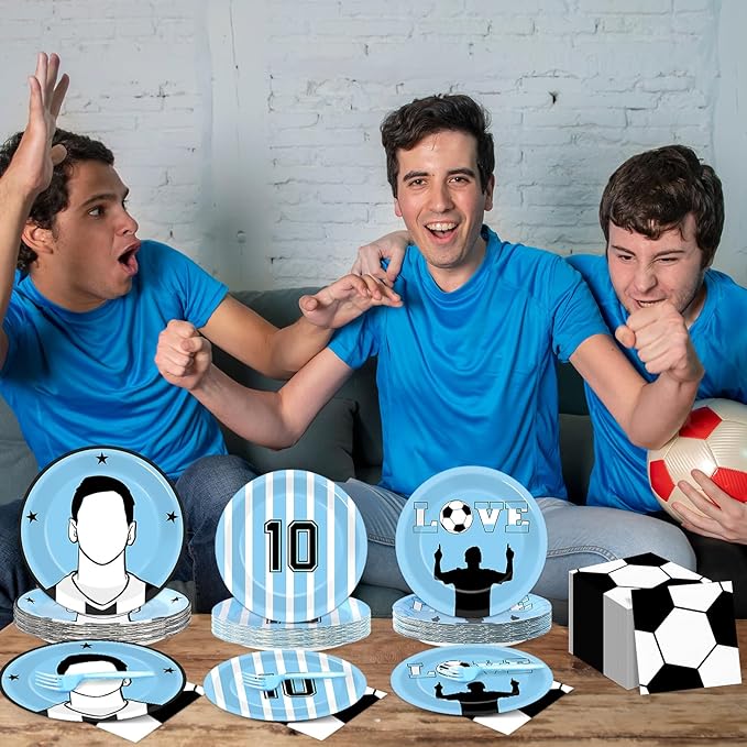 96Pcs Soccer Paper Plates and Napkins Soccer Star Disposable Tableware Set Blue and White Sports Ball Plates Set Sport Party Dinnerware Decorations for Birthday Baby Shower Party Decorations Supplies