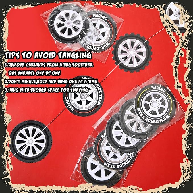 8 Pieces Race Car Party Decorations Wheel Tire Garland Banners Car Tyre Paper Cutouts for Racing Birthday Party Favors Classroom Supplies