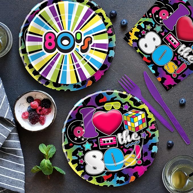 80's Party Decorations Tableware - 80's Theme Party Supplies, 80s Decorations Dinnerware, Paper Plates, Napkins, Tablecloth, Forks, 80s Birthday Party Decorations and Supplies | Serve 24