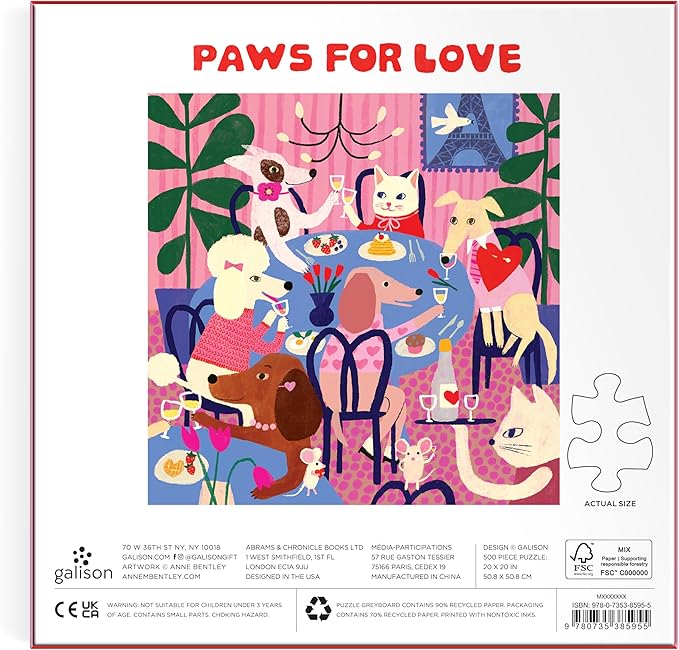 Galison Paws for Love – 500 Piece Jigsaw Puzzle Featuring Adorable Artwork of Dogs Celebrating Galentine's and Valentine's Day