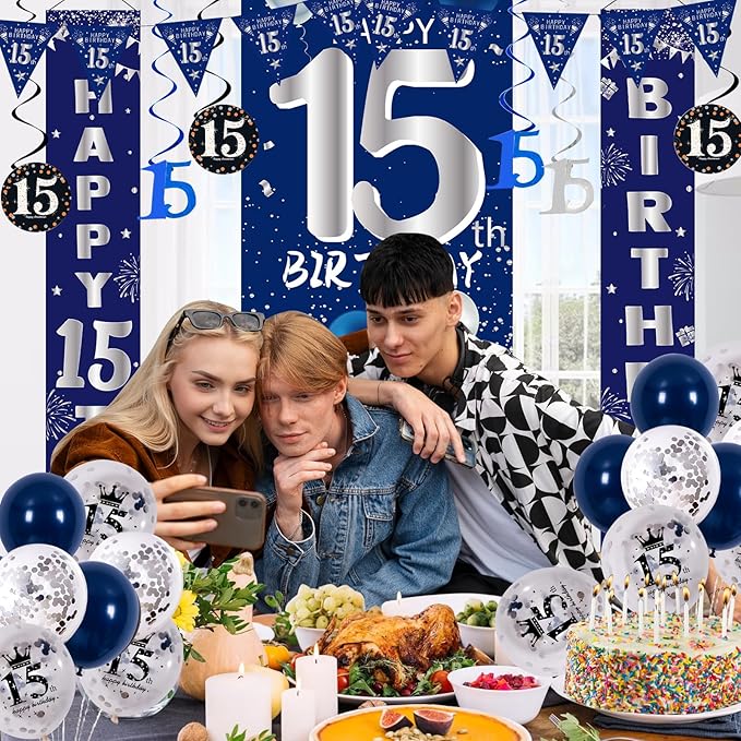 15th Birthday Decorations for Boys Girls, Navy Blue Happy 15th Birthday Door Banner Sign, 15 Years Old Party Supplies Teenagers Bday Backdrop Balloons Hanging Decors
