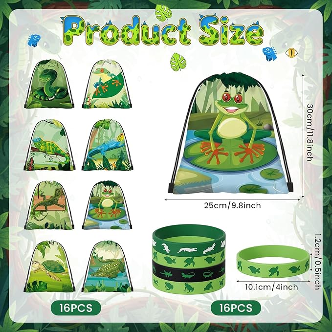 32 Pcs Retile Birthday Party Decorations Retile Party Favors Bags Green Silicone Wristband Crocodile Turtle Drawstring Goodies Bags Frog Lizard Toys for Boys Girls Wild Themed Birthday Supplies