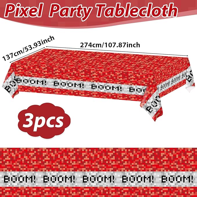 3PCS Pixel Party Table Cover for Video Game Themed Birthday Decoration Pixel Gaming Birthday Tablecloth Waterproof Gamer Mining Tablecloth for Kids Gamer Mining Party Supplies Decorations