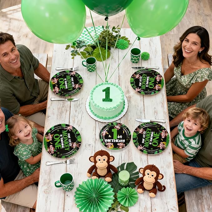 96Pcs Monkey 1st Birthday Party Decorations Our Little Monkey is Turning One Plates and Napkins Happy First Birthday Tableware Set for Wild Jungle Animal Theme Party Supplies Serves 24