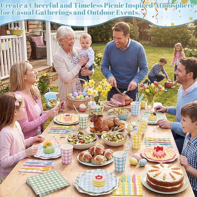 450 Pcs Gingham Tableware Set Decorations Pastel Plaid Paper Plates Napkins Cups Cutlery Straws Checkered Dinnerware Set for Easter Baby Shower BBQ Picnic Birthday Party Supplies, Serves 50