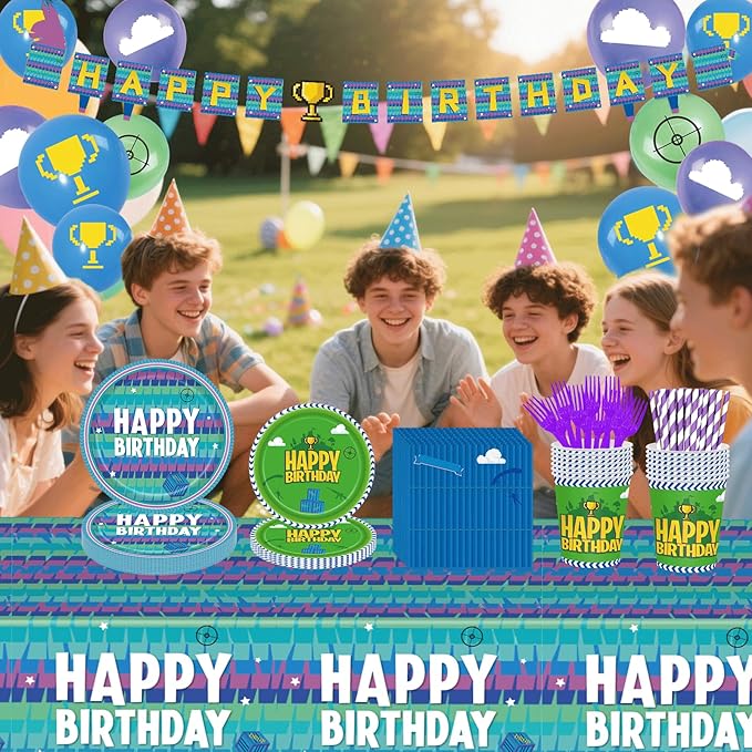 170pcs Video Game Party Supplies for Boys 1st 2nd Kids Video Games First Birthday Party Decorations Including Paper Plates Napkins Paper Cups Tablecloth Balloons Banners For 24 Guests