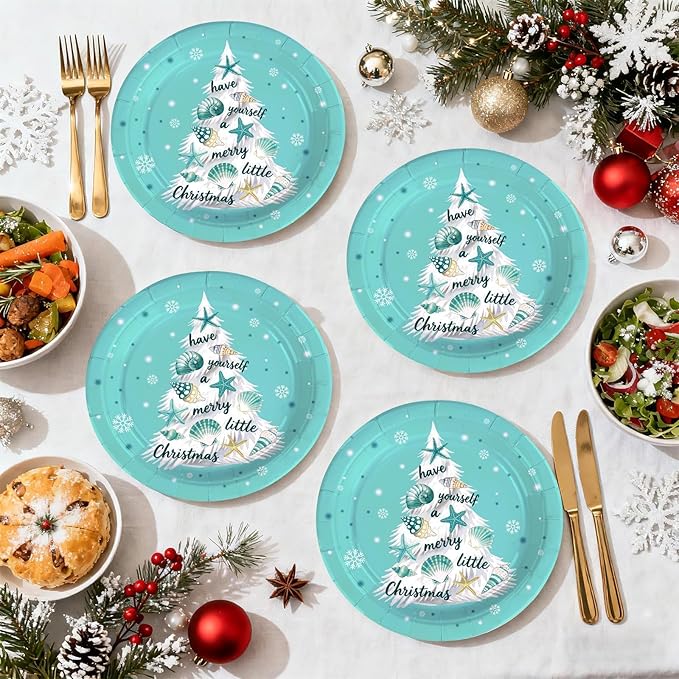 50Pcs Blue Beach Christmas Paper Plates 10" Large Disposable 400 GSM Heavy Duty Plates Xmas Tree Coastal Style Dessert Platters for Merry Christmas Xmas Festive Theme Party Supplies