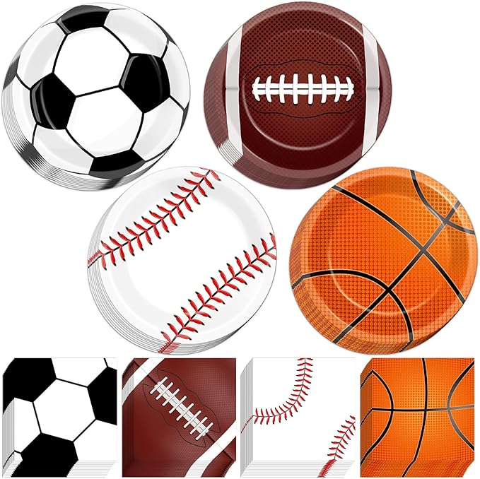 96 Pcs Sports Party Decoration Sport Plates and Napkins Basketball Football Baseball Dessert Cake Tableware Supplies Rugby Theme Activities Game Disposable Paper Party Dinnerware Favor