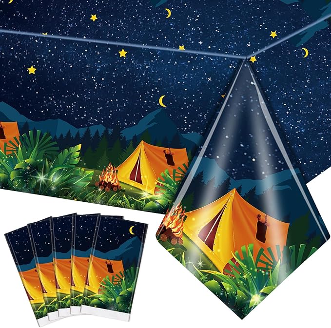 Chinco 5 Pieces Camping Tablecloth Party Decorations Campfire Plastic Rectangular Table Cover Camp Birthday Party Supplies Picnic Hiking Adventure Supplies