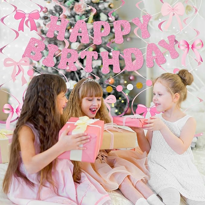 Amandir Pink Birthday Decorations for Girls Women, Glitter Happy Birthday Banner with Honeycomb Balls, Bow Hanging Swirls Streamers, Circle Dots Garland, Coquette Party Decorations
