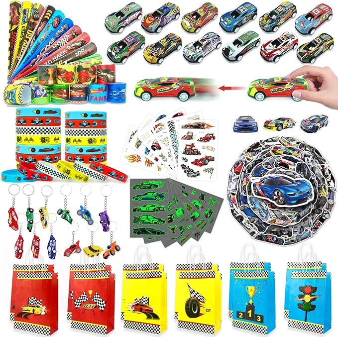 Race Car Party Favors 110Pcs Car Themed Birthday Party Supplies Set Include Wristbands Race Cars Keychains Bracelets Bags Tattoo Stickers Pinata Filler