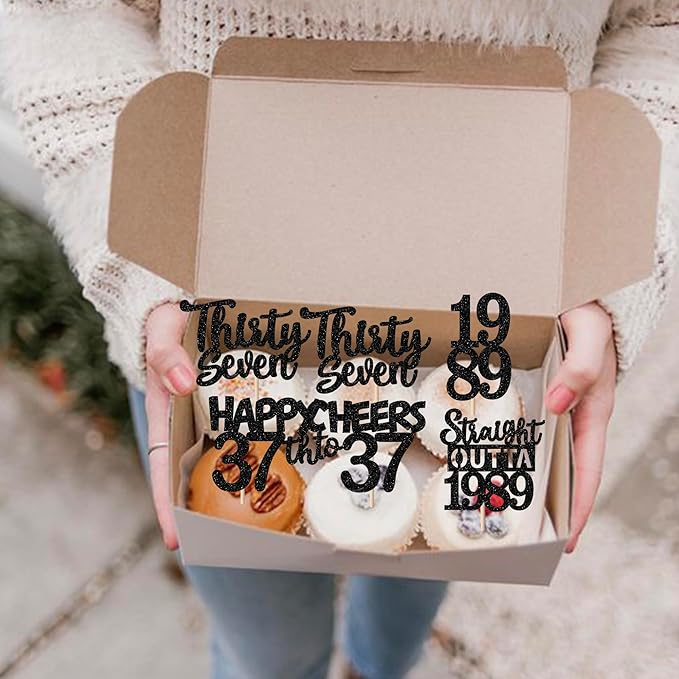 30PCS Black 37th Birthday Cupcake Toppers Glitter Thirty Seven Happy 37th Straight Outta 1989 Cupcake Picks for Cheers to 37 Years Birthday Wedding Anniversary Party Cake Decorations Supplies