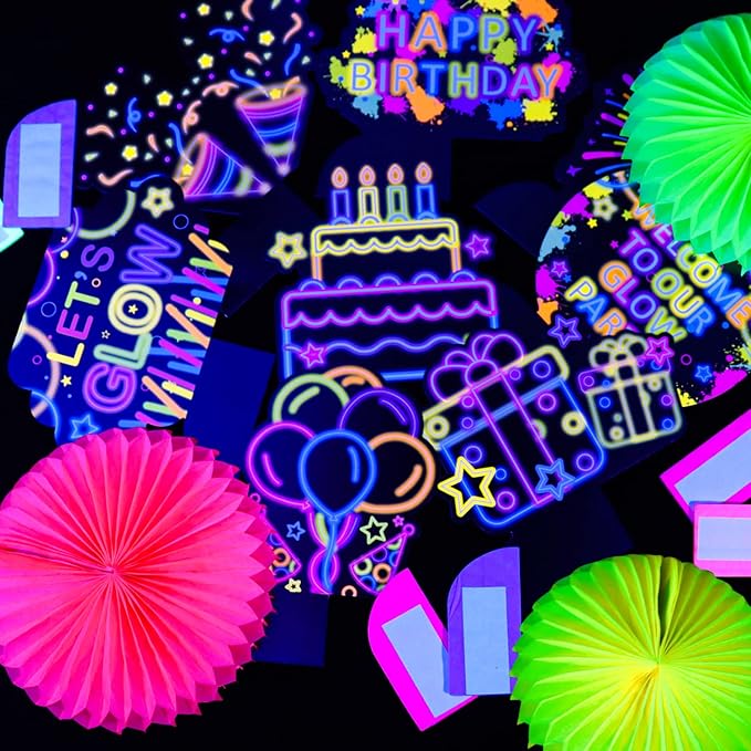 10 Pieces Glow in The Dark Party Table Decorations, Neon Table Honeycomb Centerpiece and Let's Glow Tablecloths Set - Black Light Table Topper Neon Decorations for Kids Glow in Dark Party Supplies