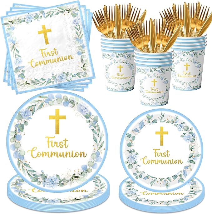 First Communion Decorations for Boys, Baptism Plates and Napkins Blue Primera Comunion Decoracion 1st Communion Party Supplies for Baptism Party Decorations Serves 25