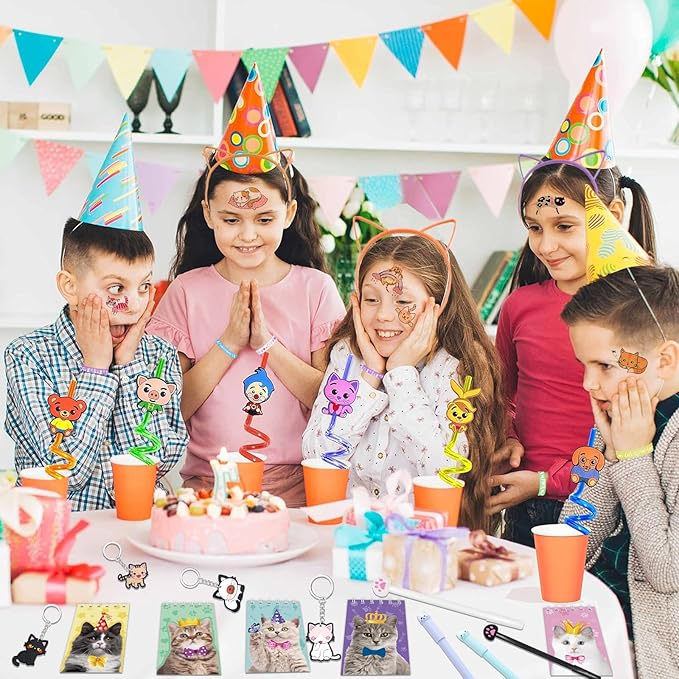 134Pcs Cat Party Favors Set for Kids Cat Themed Birthday Party Supplies With Cat Headband Spiral Notepads Pens Keychains Tattoo Cat DIY Face Stickers Silicone Bracelets Cat Favors for Girls Kids Party
