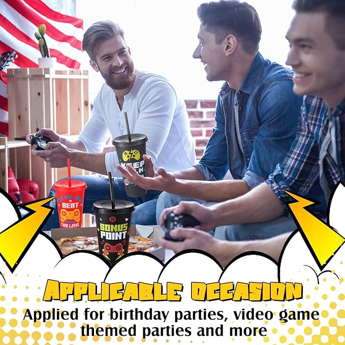 16 Pcs Video Game Plastic Cups Gaming Party Favor with Lids and Straws 24 oz Gamer Reusable Tumbler Water Mug for Fun Video Birthday Party Supplies for Adults (Colorful)