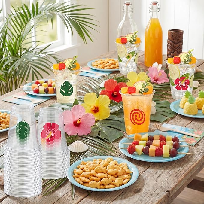 Pinkunn 100 Pcs Ocean Themed Plastic Cups Bulk Clear Plastic Sea Navigation Themed Mug Cups 16oz Flower Luau Mug Hawaiian Party Drinking Tumblers for Hawaiian Party Supplies