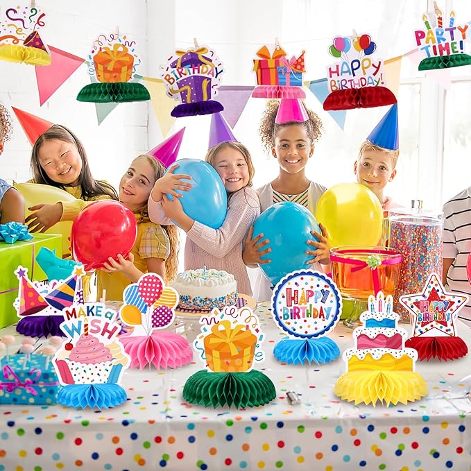 12 Pieces Birthday Table Decorations Colorful Happy Birthday Table Centerpieces Party Honeycomb Centerpieces Table Toppers for Kids Party Supplies