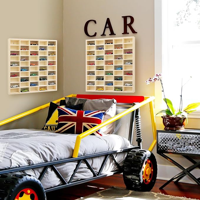 2 Pcs 50 Space Toy Cars Wheels Display Case 1: 64 Scale Model Cars Display Shelf Wooden Wall Mounted Die Cast Car Storage Rack for Gift Collectibles Toy Figurines Tiny Cabinet