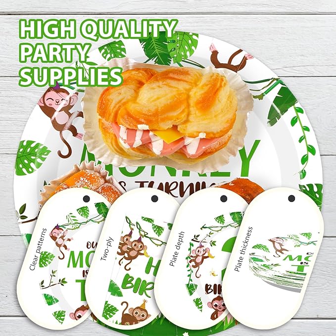 96Pcs Monkey 2nd Birthday Decorations Jungle Wild Animal Plates and Napkins Monkey Theme Disposable Paper Tableware Set for Boys Girls Two Years Old Birthday Party Supplies Serves 24