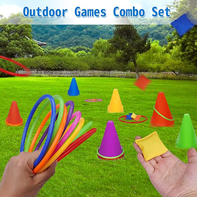 3 in 1 Carnival Outdoor Games Combo Set, Soft Plastic Cones Cornhole Bean Bags Ring Toss Games,for Kids Adults Indoor Outdoor Birthday Party Lawn Games Supplies (26 Pieces