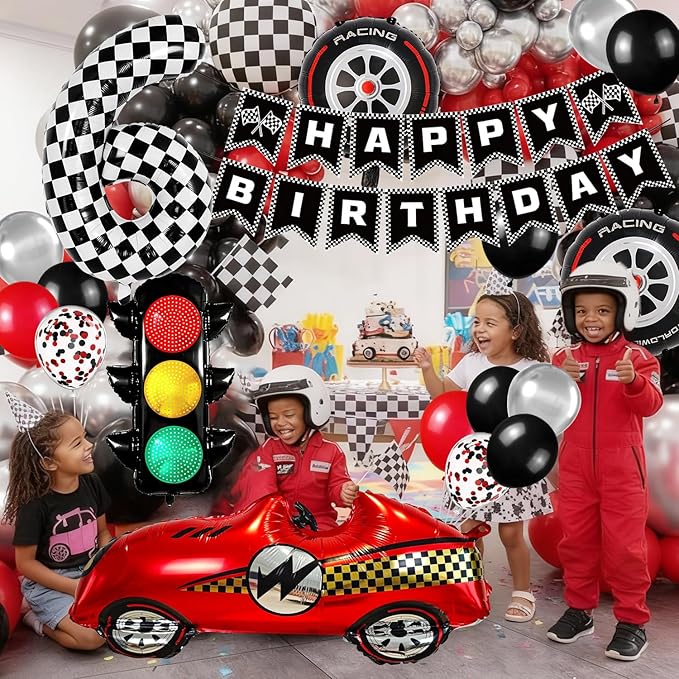 Race Car Birthday Party Decorations, with 40 Inch Number 6 Balloon, Happy Birthday Banner, Traffic Light and Foil Tire Balloon for 6th Car Themed Birthday Party Supplies