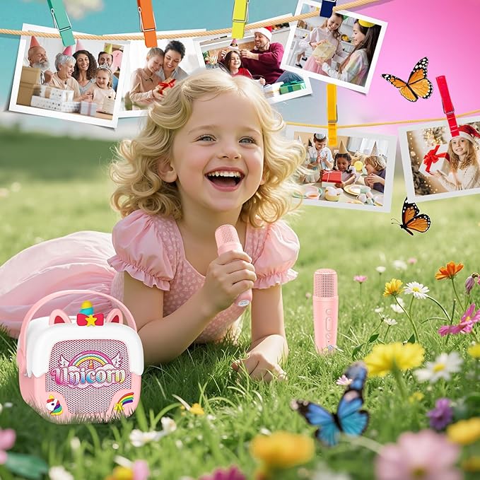 Mini Karaoke Machine for Kids Girls: Unicorn Portable Bluetooth Speakers with 2 Wireless Mic Easter Birthday Gifts for 5 6 7 8 9 10 11 Years Teen Toys for Girls Age 4-6 7 8 9 Basket Stuffers Pink