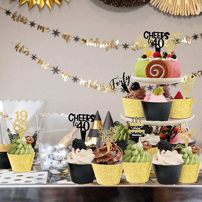 48 Pack Happy 40th Birthday Cupcake Toppers and Wrappers, Glitter Fabulous Vintage 1985 Cake Decor Cheers to 40 Year Cupcake Decorations for 40th Birthday Anniversary Party Supplies