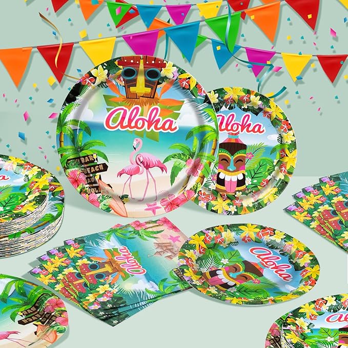 180PCS Hawaiian Aloha Party Supplies Serve 60, Luau Tropical Paper Plates and Napkins Kit for Summer Pool Beach Birthday Party Decorations, Includes Dinner Plates, Dessert Plates, Napkins