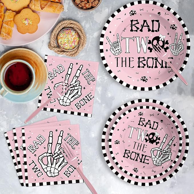 Grencian 96 Pcs Bad Two The Bone Party Decorations Girl Pink Skeleton 2nd Birthday Plates and Napkins Rock and Roll Tableware Set for Girls Music Theme 2 Year Old Birthday Party Supplies Serves 24