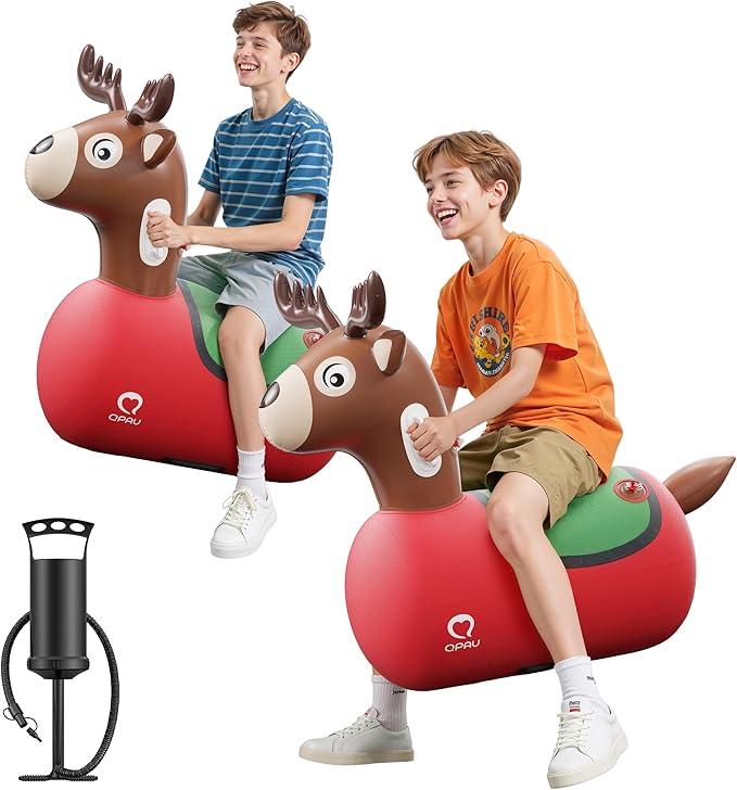 QPAU 2 Pack Large Inflatable Reindeer Hopper Bouncy Toy, 250lbs High Capacity Ride-on Animal for Kids & Adults, Soft Fabric Cover & Pump, Durable Puncture-Resistant Bouncer for Family Party Gift