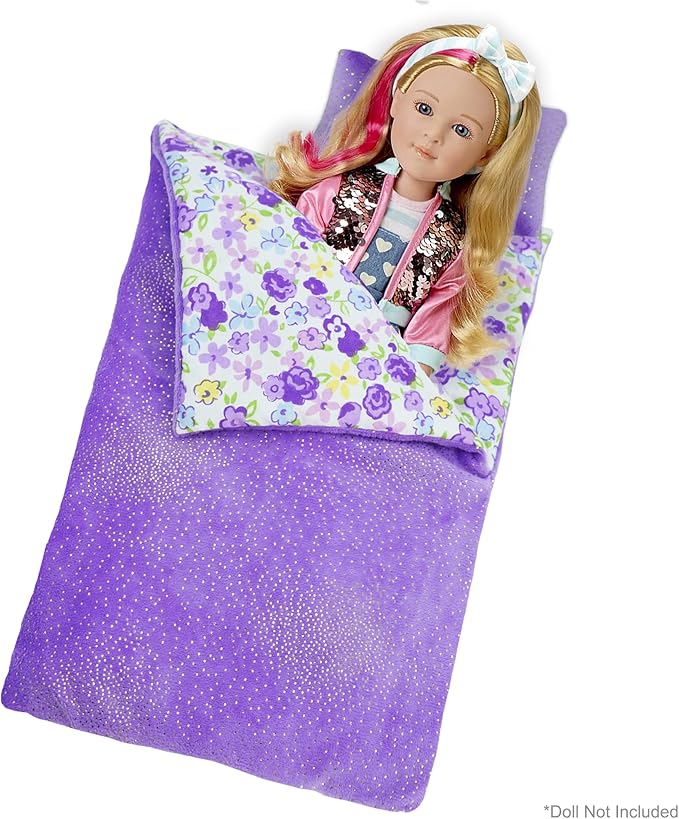 June Garden Cozy Dream Reversible Doll Sleeping Bag - 2-Piece Playset Doll Accessory with Pillow - Fits 14" American Girl Dolls - Gifts for Girls 2 3 4 Year Old