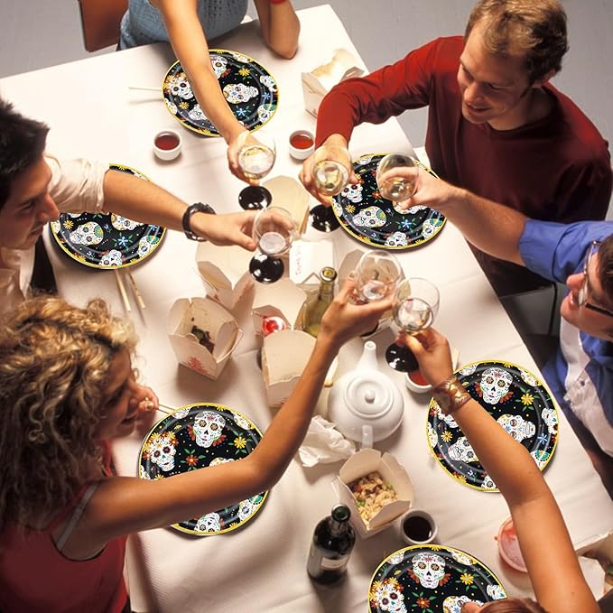 180Pcs Day of the Dead Party Supplies Paper Plates and Napkins Serve 60 Disposable Tableware Set for Birthday Party Decorations Game Day Family Holiday Sports Events