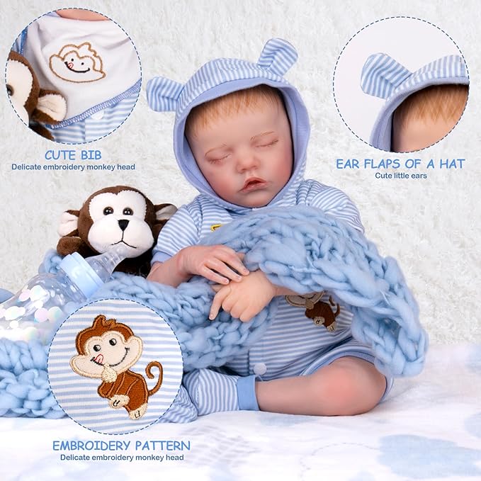 Aori Reborn Baby Dolls Outfit Set with Bassinet Accessories 7 Pieces - Realistic Babies Carrier Bed and Clothes for 16-18 Inch Newborn Lifelike Reborn Doll, Blue