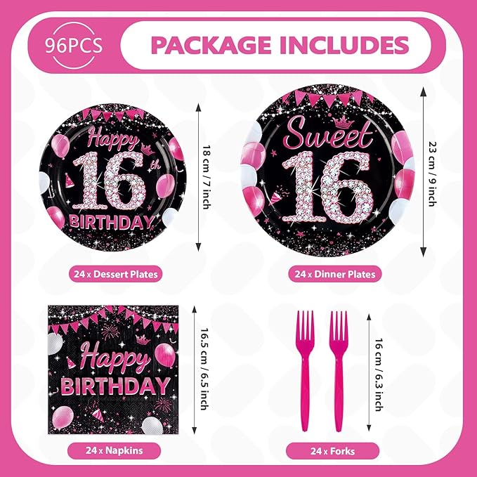 96Pcs 16th Birthday Party Supplies Black and Hot Pink Plates Forks and Napkins Diamond Sweet Sixteen Disposable Paper Tableware Set for Girls 16 Years Old Birthday Party Supplies Serves 24