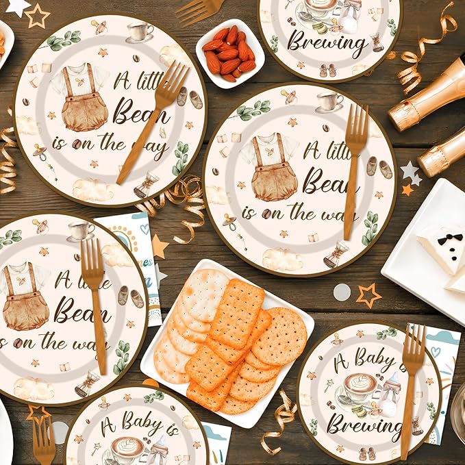 96Pcs Coffee Theme Baby Shower Tableware Set - Coffee A Baby Is Brewing Paper Plates Napkins Forks A litte Bean Is On The Way Gender Reveal Party Supplies Serve 24 Guests