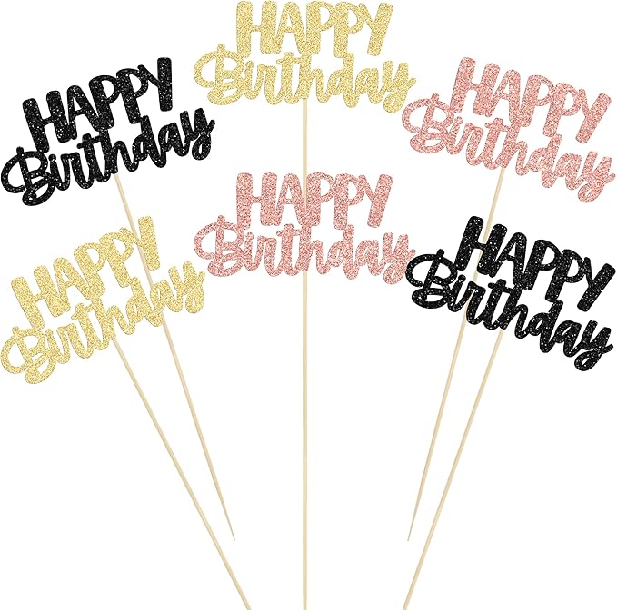 Gyufise 12Pcs Happy Birthday Centerpieces Sticks Double Sided Glitter Birthday Party Decorations Anniversary Table Flower Centerpiece for Celebrating Party Supplies Black Gold Rose Gold