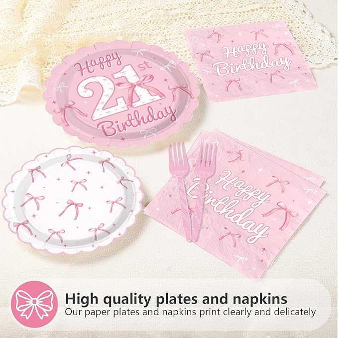 96Pcs Pink Bow Party Supplies Coquette 21th Birthday Party Plates and Napkins Disposable Bow Themed Tableware Set for Girl Happy 21th Birthday Baby Shower Decorations, Serves 24