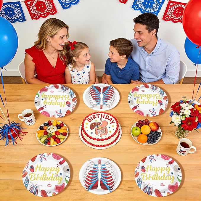 96Pcs Human Anatomy Body Part Birthday Party Supplies Human Body Theme Plates and Napkins Organ Heart Stomach Theme Tableware Set for Medical Physiology Doctor Nurse Birthday Party Supplies，Serves 24