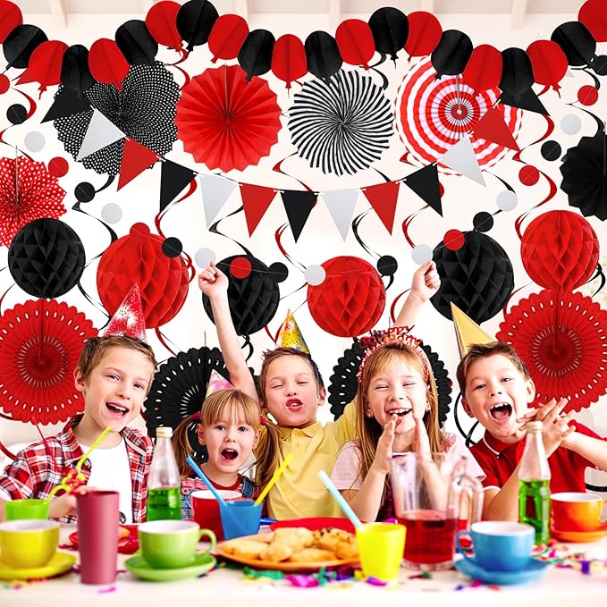 Black Red Party Decorations, Easy Assembly Paper Fan Honeycomb Ball Garland Hanging Swirl Graduation Party Supplies for Boy Girl Women Birthday Congrats Grad Party Decorations