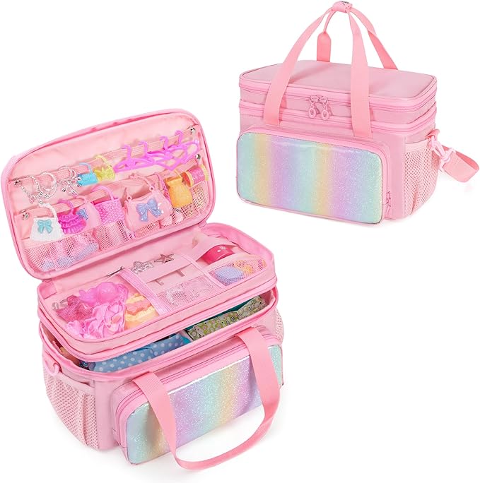 Carrying Case Compatible with Barbie Doll Clothes, Doll Accessories Storage Organizer, Double Layer Design, with Handle and Detachable Shoulder Strap, Case only (Pink)