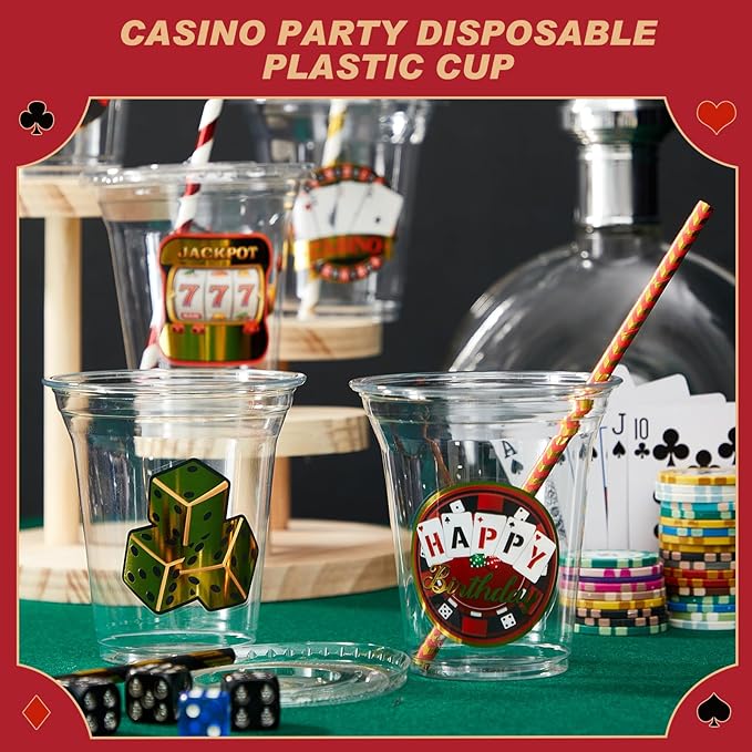 Boao 36 Sets Casino Party Cups with Lids and Paper Straws 14 oz Poker Birthday Party Supplies Favors Decorations Disposable Clear Plastic Cups for Casino Theme Birthday Wedding Decorations