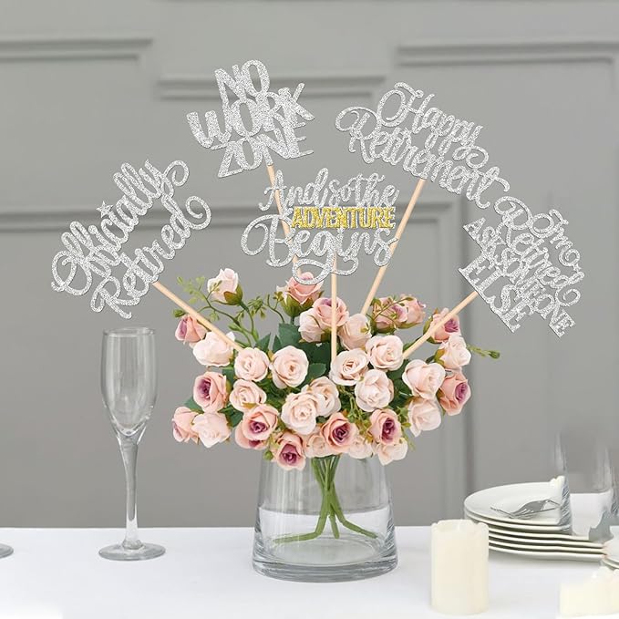 15 PCS Happy Retirement Centerpiece Sticks Officially Retired Table Flower Centerpieces Sticks No Work Zone Floral Decorations for Retirement Theme Farewell Birthday Party Centerpieces Supplies Silver