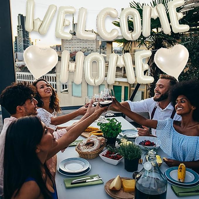 TONIFUL Welcome Home Balloons,16 Inch Cream White Welcome Home Foil Balloons Banner Welcome Home Party Decorations for Homecoming Party Decorations House Warming Party Family Gathering Supplies